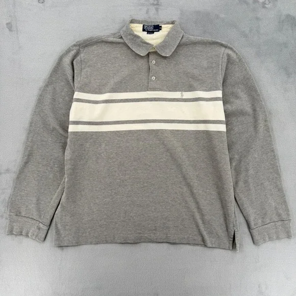 Vintage Polo Ralph Lauren Gray Striped Polo Shirt Cotton Classic Fit Mens XL - Picture 2 of 14